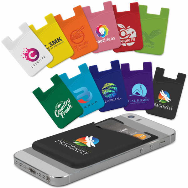 A collection of colourful silicone phone wallets in various shades, displayed on a smartphone. Each wallet features a logo.