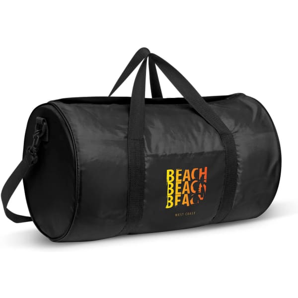 A black duffle bag with a logo, featuring sturdy handles and a detachable shoulder strap.