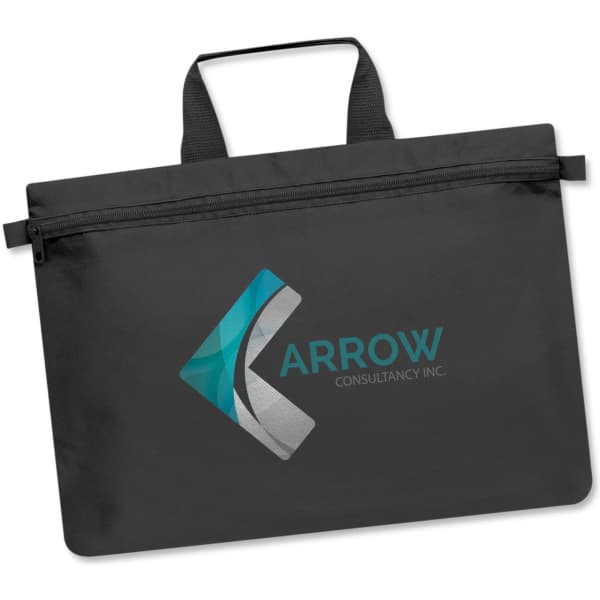 A black satchel with a zip closure, featuring a logo on the front and dual handles.