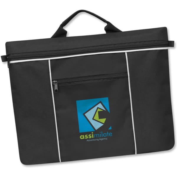 A black satchel with a front pocket and a logo on the centre. Features white piping on the edges.