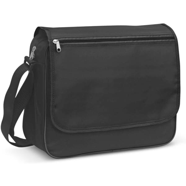A black messenger bag with a flap, zipper pocket, and an adjustable strap. It features a logo on the front.