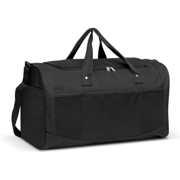 A black duffle bag with a zippered main compartment, carrying handles, and side mesh pockets; features a logo.