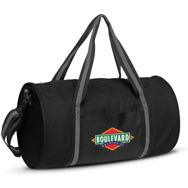 A black duffle bag with grey straps and a logo on the front.
