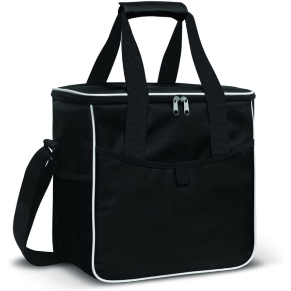 A black cooler bag with a zip, sturdy handles, and a front pocket, featuring a logo.