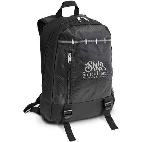 A black backpack with a textured design, featuring zippers and a logo on the front.