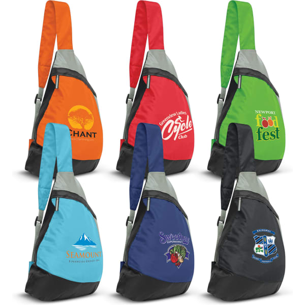 A set of six colourful sling bags in orange, blue, green, and black, each featuring a logo on the front.