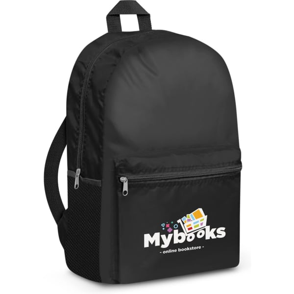 A black backpack with a front zip pocket and a logo, featuring a classic rounded shape and adjustable straps.