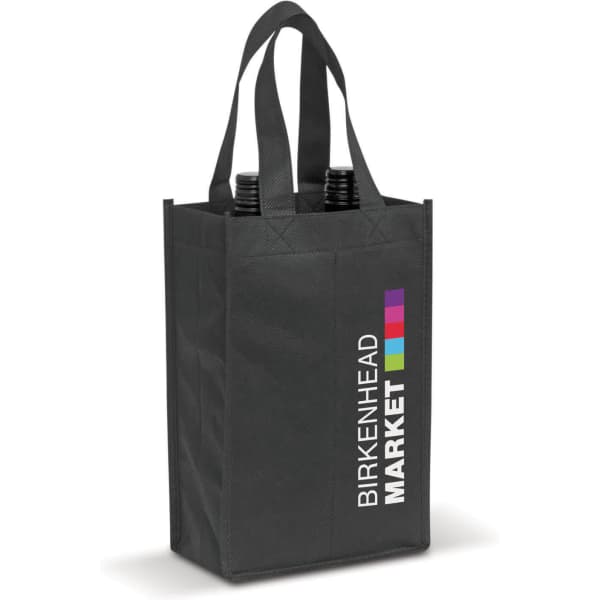 A double wine tote bag in black featuring two drink bottles and a branding logo.
