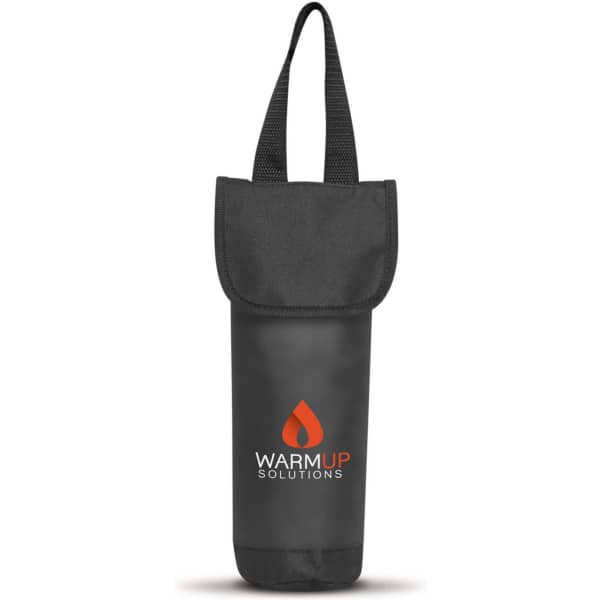 A drink bottle cooler bag in black with a strap and a logo on the front.