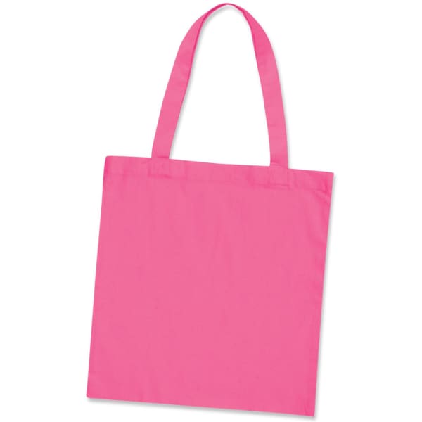 A pink cotton tote bag with two handles and a plain design, featuring a logo on one side.