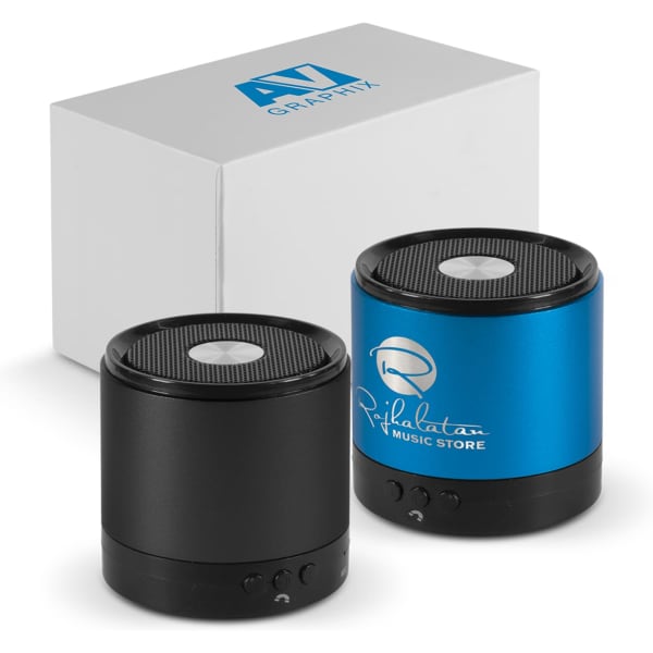 A pair of Bluetooth speakers, one black and one blue, alongside a white box. The speakers feature a logo on the blue one.