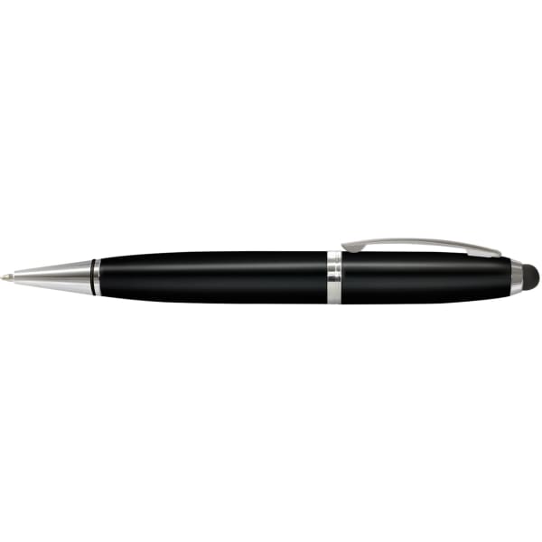 A black ball pen with a silver clip and accents, featuring a built-in 4GB flash drive.