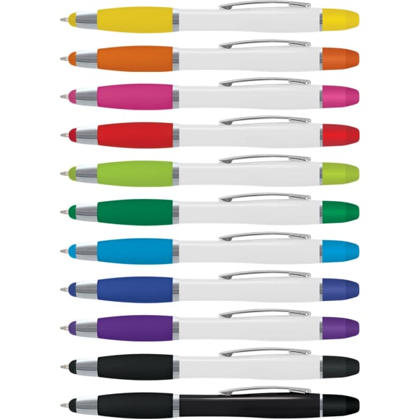 A collection of Vistro Multi-Function Pens in various colours, featuring white barrels and silver clips.
