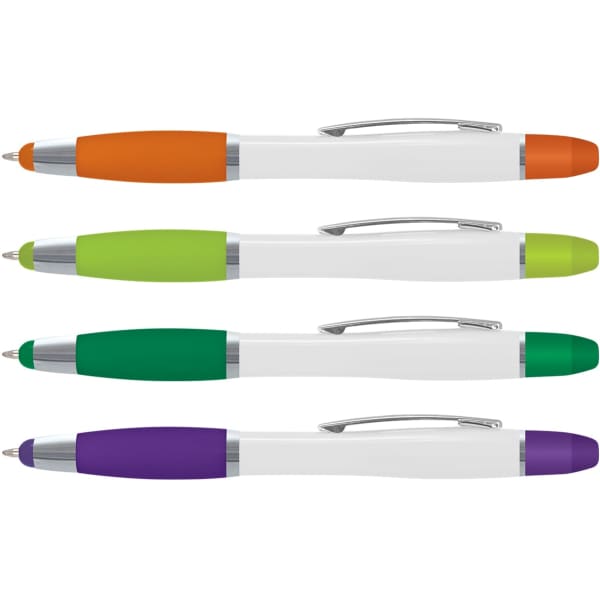 A set of multi-function plastic pens in orange, green, purple, and dark green, featuring a white body and a clip.