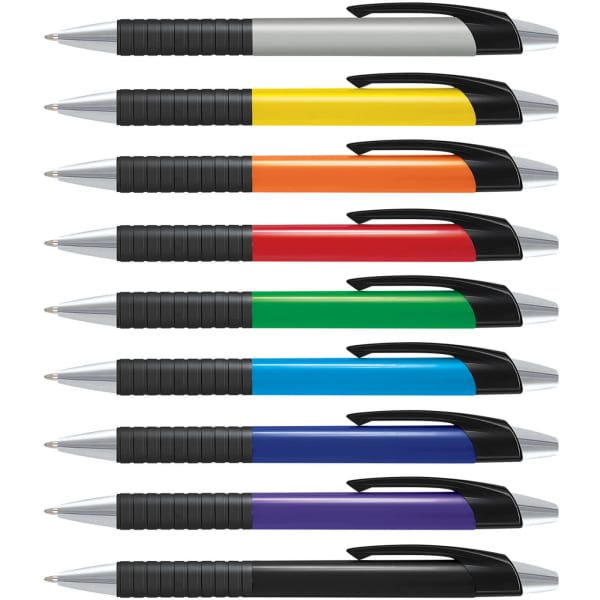 A collection of plastic pens with coloured barrels in grey, yellow, orange, red, green, blue, and purple, featuring a black grip and cap.