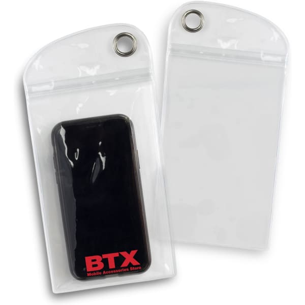 A transparent phone pouch with a zip closure and grommet, featuring a black phone inside.