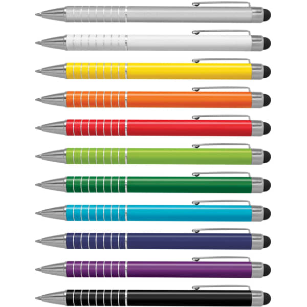 A collection of ten stylus pens in various colours, featuring silver accents and rubber tips for touch screens.