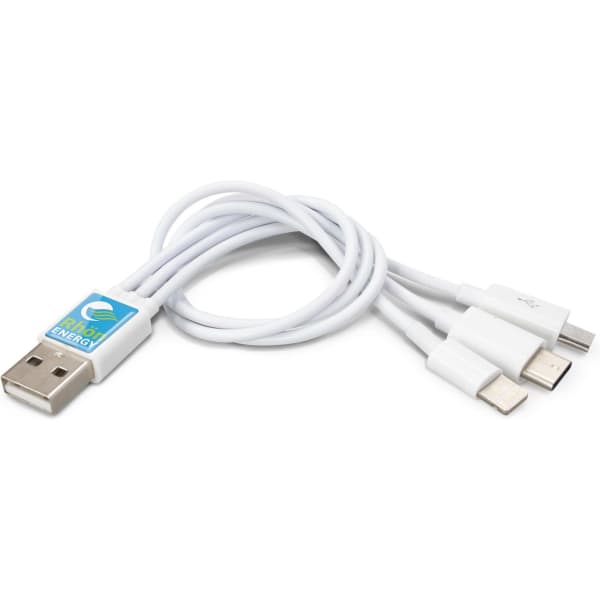 A white triple connector charging cable with a USB end and three different connectors. It features a branded section.