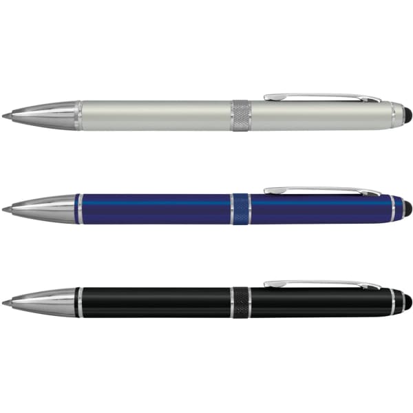 A set of three stylus pens in silver, blue, and black, each featuring a metallic finish and a clip.