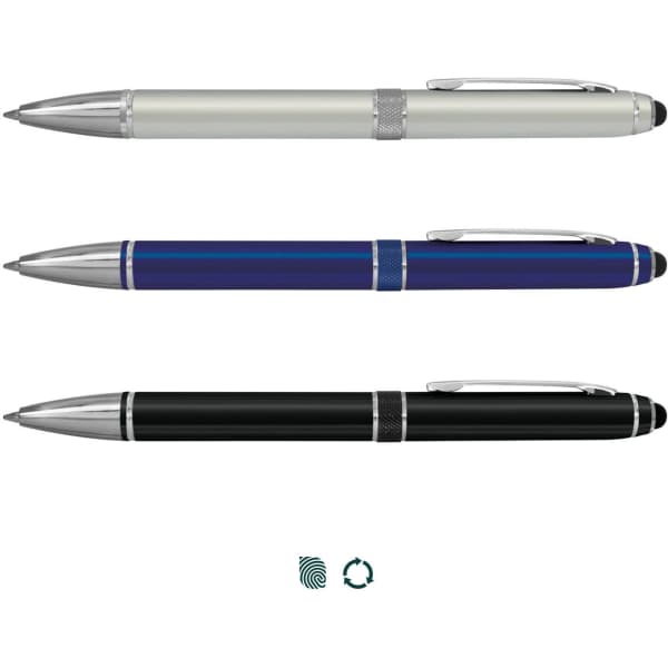 A set of three stylus pens in grey, blue, and black, each featuring a silver clip and branding.