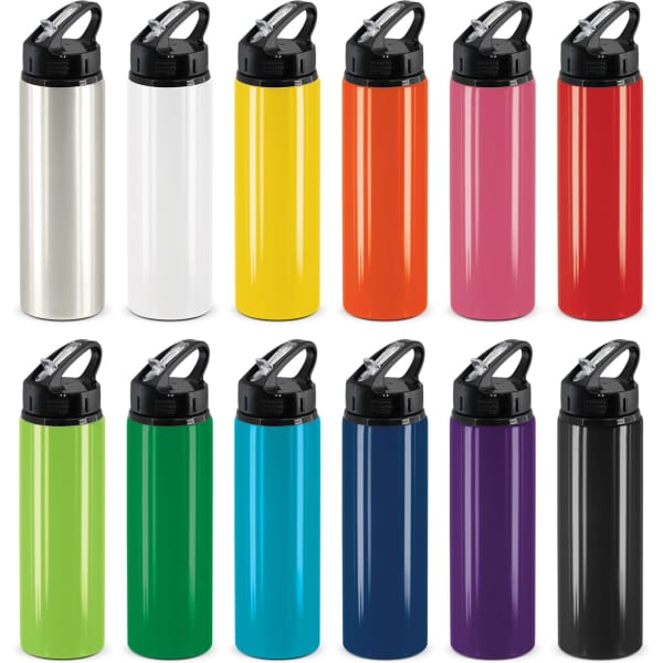 A drink bottle collection featuring various colours: silver, white, yellow, orange, red, pink, green, blue, purple, and black, with flip caps and logos.
