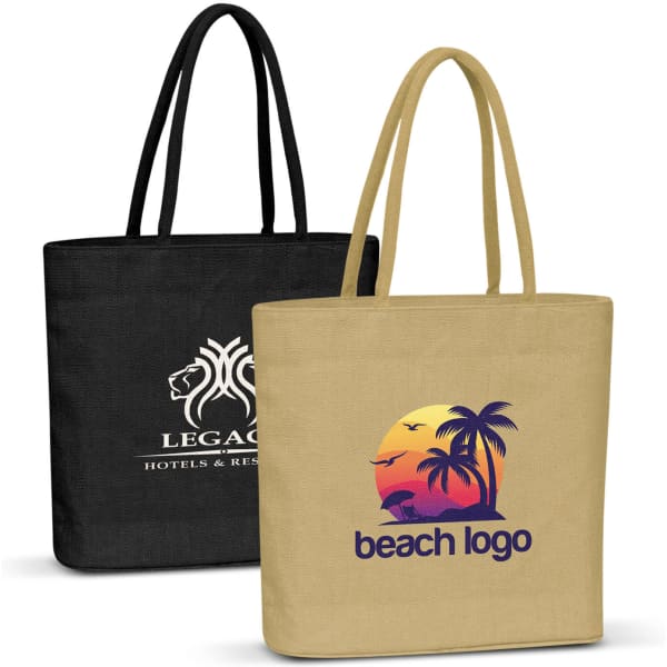 Two jute tote bags: one black with a logo and one natural beige featuring a colourful beach design.
