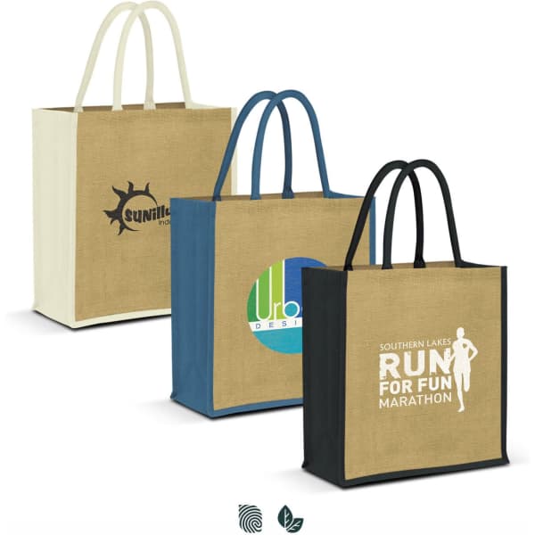 Three jute tote bags in beige, blue, and black, each featuring a logo on the front.