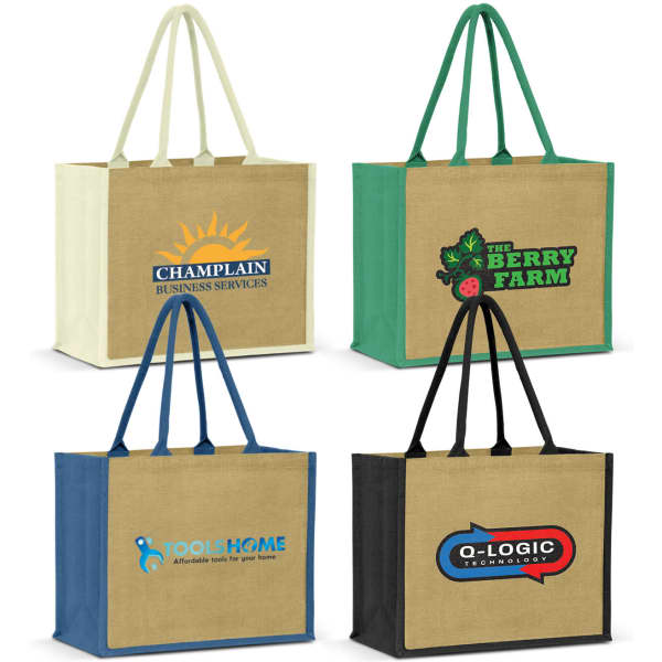 A jute tote bag collection in cream, green, black, and blue, featuring various logos on each bag.