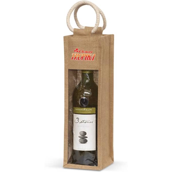 A drink bottle in a brown jute wine carrier with a clear front and two rope handles, displaying a label.