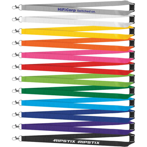 A collection of colourful lanyards in various shades, featuring clips and a logo on some.