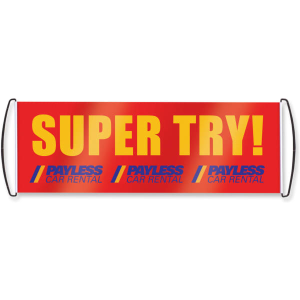 A red fan banner featuring bold yellow text and branding. It has handles for easy display.