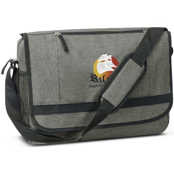 A grey messenger bag with a shoulder strap and a logo on the front, featuring a zippered pocket.