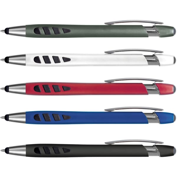 A collection of Havana stylus pens in green, white, red, blue, and dark grey with silver accents and a logo.