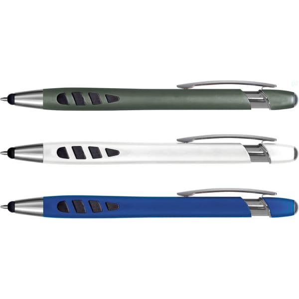 Stylus pens in three colours: green, white, and blue, featuring a sleek design and a logo on each pen.