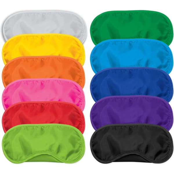 A variety of eye masks in multiple colours including green, purple, pink, orange, yellow, and black, with a brand logo.