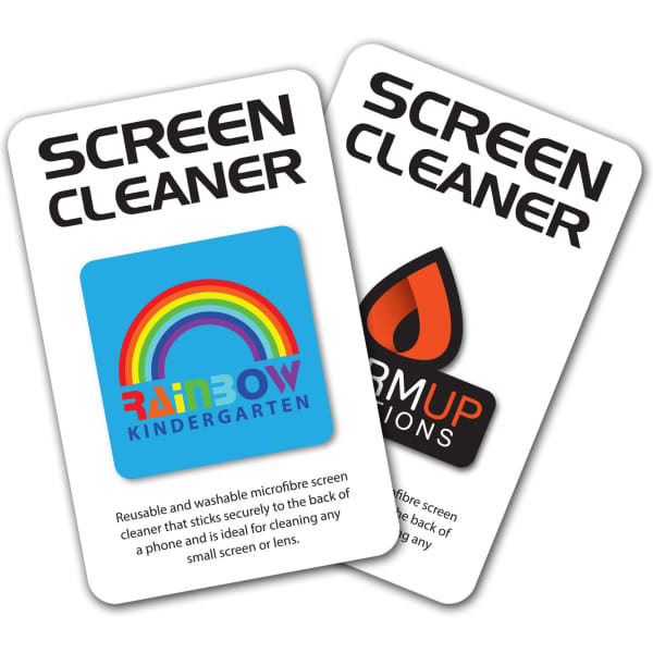 A reusable, washabile microfibre screen cleaner featuring a rainbow design and a flame logo, ideal for cleaning screens.