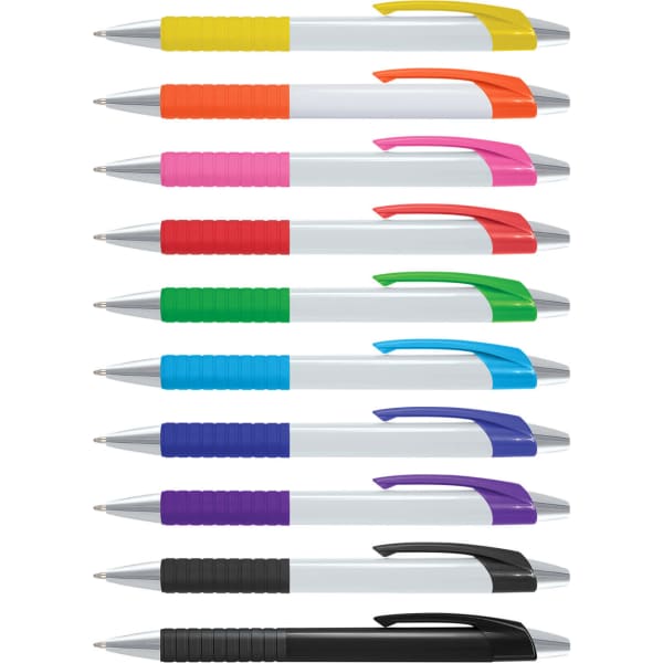 A collection of plastic pens in various colours including yellow, pink, orange, and purple, with white barrels and grips.