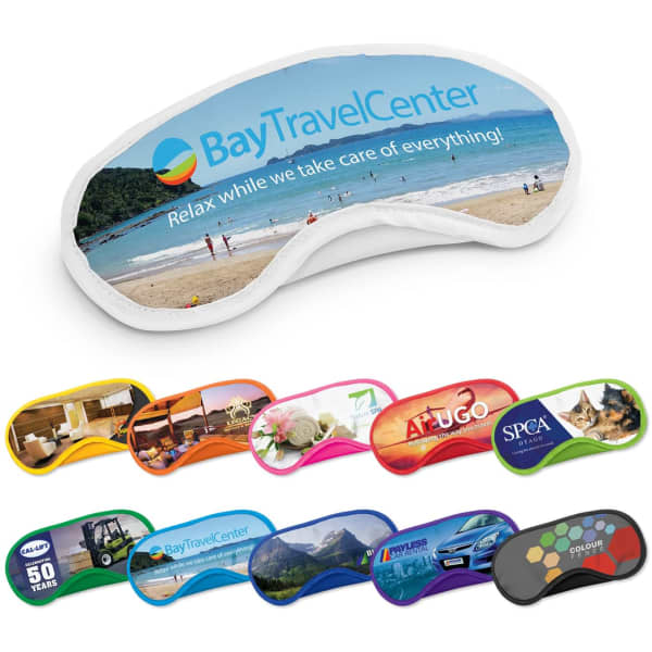 A collection of eye masks in various colours, featuring a logo and beach scene on one mask.