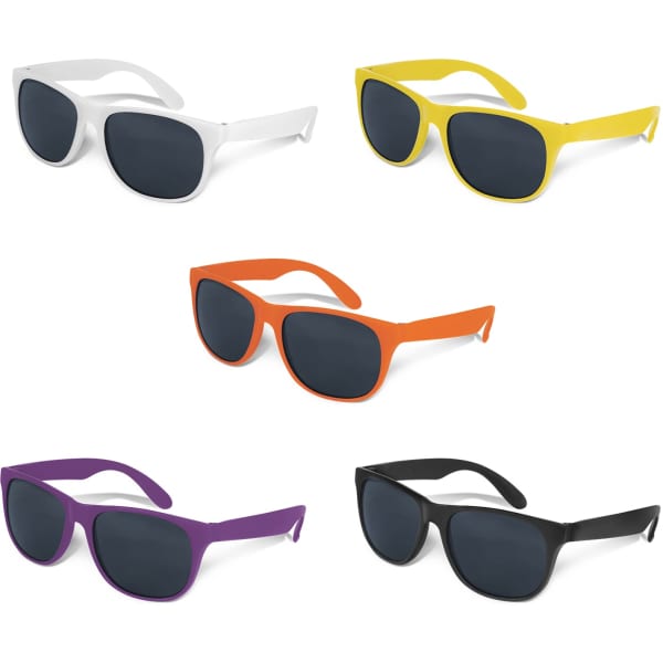 A set of Malibu Basic Sunglasses in white, yellow, orange, purple, and black, featuring dark lenses and modern design.