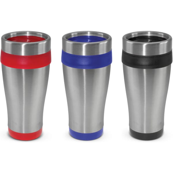 A travel mug set featuring red, blue, and black accents with stainless steel bodies and lids, each with a logo.