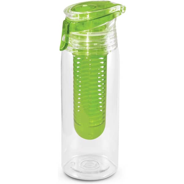 A drink bottle in clear plastic with a bright green infuser and a matching lid. It features a logo.