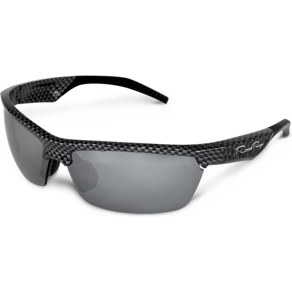 Sleek black sunglasses with a textured frame and grey lenses, featuring a logo on the side.