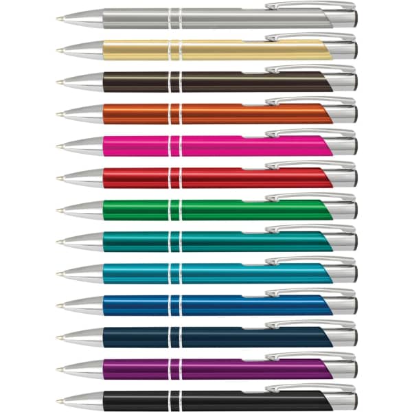 A collection of metal pens in various colours, each featuring silver accents and a logo.