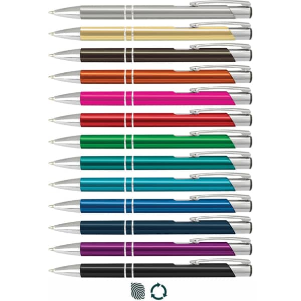 A collection of metal pens in various colours, featuring a shiny finish and silver accents. Each pen has a branding logo.