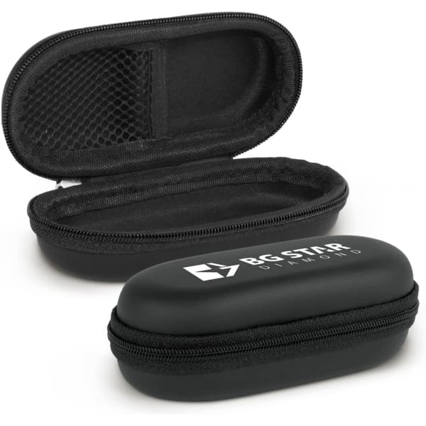 A black mini carry case with a zippered closure and a textured interior, featuring a logo on the top.