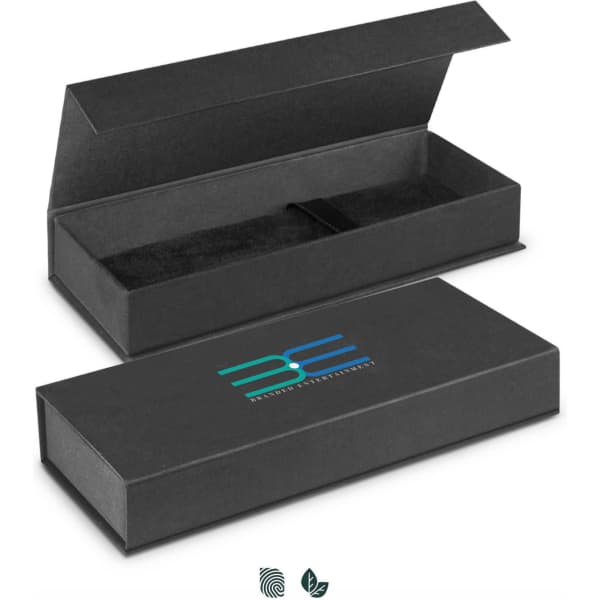 A black gift box with a hinged lid, featuring a logo, designed for packaging pens.