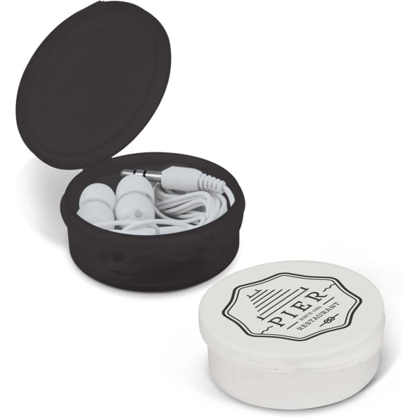 Mondo Earbuds in a compact black and white case, featuring a logo on the white lid.