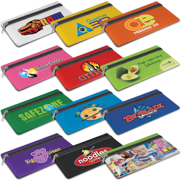 A collection of vibrant pencil cases in various colours, each featuring different logos and designs.