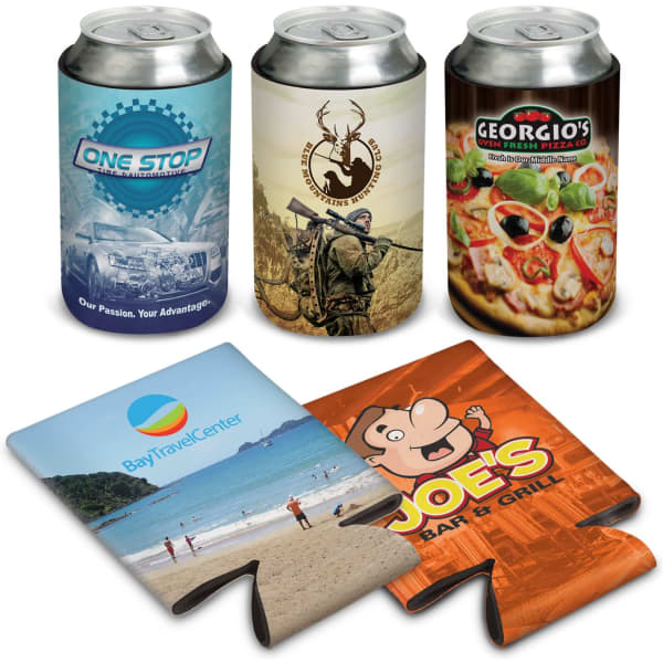 A drink bottle in various designs, featuring vibrant colours and promotional branding, alongside four beverage can coolers.