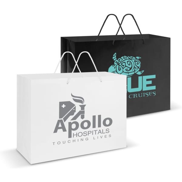 A large laminated carry bag in white and black, featuring a logo on the front and two handles.